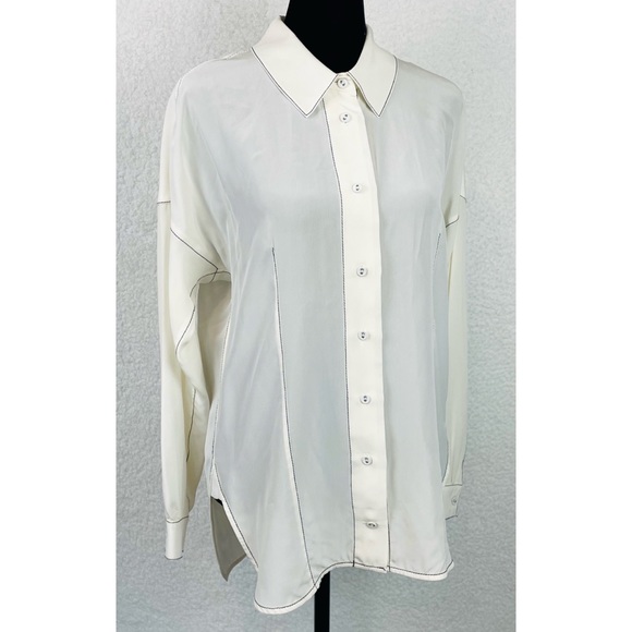 ALEXIS • 100% Silk White/Black Contrast Long Sleeve Button-Down Shirt, S - Picture 8 of 13